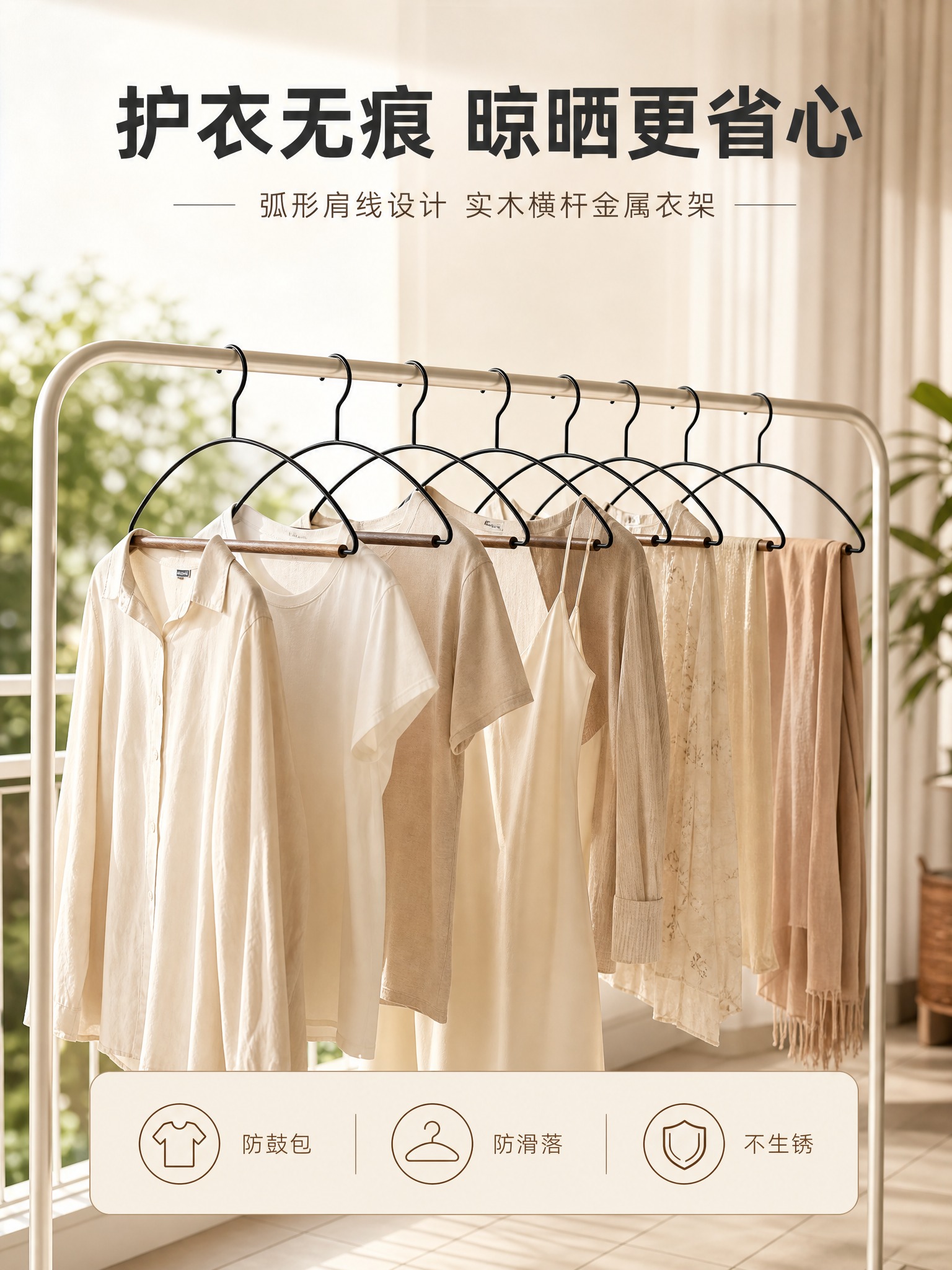 [商品] 使用【图1】黑色哑光金属弧形衣架搭配胡桃木实木横杆；… - 图片创意预览