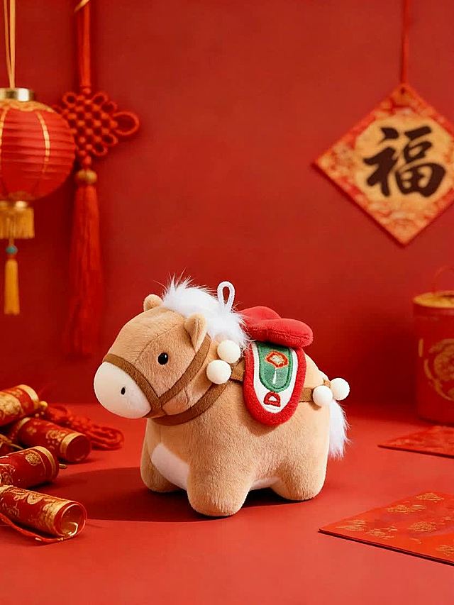 软3D风格卡通马，毛发生长质感，中式喜庆元素点缀，红金配色烘托春节氛围，面料纹理细腻，节日感十足。
