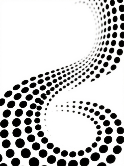 极简主义风格的半抽象装饰图案，由大小均匀的黑色圆点组成流畅优雅的S形曲线，圆点排列呈现出从稀疏到密集再到稀疏的渐变韵律，形成自然的视觉流动感和节奏感，整个图案以纯白色为背景，画面简洁干净，具有现代设计感和几何美学特征，黑白对比鲜明，线条流畅，构图平衡。预览效果