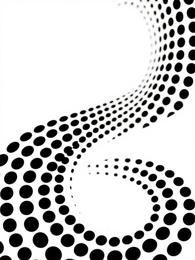 极简主义风格的半抽象装饰图案，由大小均匀的黑色圆点组成流畅优雅的S形曲线，圆点排列呈现出从稀疏到密集再到稀疏的渐变韵律，形成自然的视觉流动感和节奏感，整个图案以纯白色为背景，画面简洁干净，具有现代设计感和几何美学特征，黑白对比鲜明，线条流畅，构图平衡。