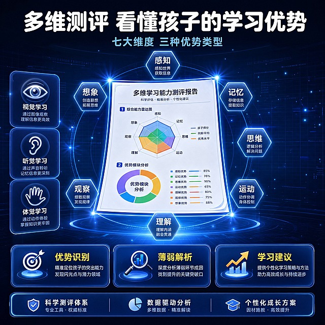 [主图-3] 测评维度与内容结构·理性说服：展示七大测评维度、三种学习优势类型和报告交付物，证明测评专业完整。
[统一基调] 深海军蓝到电光蓝渐变科技背景，带半透明网格线、柔和光线、漂浮数据光点与蓝色光晕；标题统一白色圆角粗黑体无衬线，辅助文字统一浅蓝白色小号字，标签统一半透明圆角发光样式，底部信息条统一深蓝半透明圆角通栏，整组保持高对比、专业可信、科技教育风。
[画面] 居中信息图式构图：中央放一张放大的发光测评报告，报告内有彩色能力雷达图和环形「优势模块分析」，报告四角有小星星光点；报告周围环绕七枚半透明六边形标签：感知、记忆、思维、运动、理解、观察、想象；左侧竖排三枚圆角发光徽章：视觉学习、听觉学习、体觉学习；底部横排三张圆角小卡片：优势识别、薄弱解析、学习建议；画面不出现人物脸部，仅报告与图标。
[光影质感] 商业教育信息图质感，柔和主光，报告纸面高光细腻，标签和光线带轻科技辉光，层次清晰不杂乱。
[配色] 主色电光蓝与深海军蓝，报告卡片白色主体配彩色雷达图，标签浅蓝半透明，强调色明黄与亮橙仅用于重点词。
[文字版式] 顶部主标题「多维测评 看懂孩子的学习优势」白色超大粗黑圆体，副文案「七大维度 三种优势类型」；底部三张小卡片文字「优势识别」「薄弱解析」「学习建议」；整图不出现价格。
[输出要求] 1:1正方形，1024x1024，2K分辨率，文字清晰无错字；负向：变形、错字、漏字、模糊、水印、平台Logo、伪Logo、主体遮挡、背景杂乱、低清晰度、错误结构、刺眼过曝。