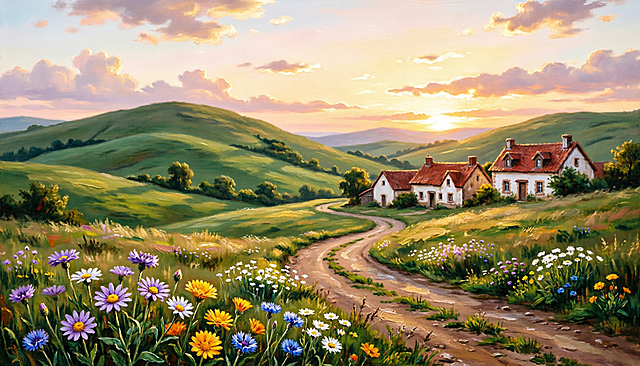 画面展示夕阳下的连绵青山与蜿蜒小路，路边开满缤纷野花，远处是红顶白墙的房屋，整体色调温暖柔和，呈现治愈系手绘质感。