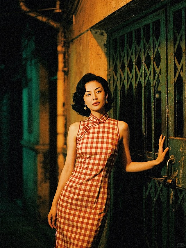 夜晚，一个女生穿着红白格纹样式无袖旗袍，格纹图案规整，港式发型，光线较为昏暗，神秘复古氛围，韵味十足站唐楼铁闸门前，手搭着门，看镜头