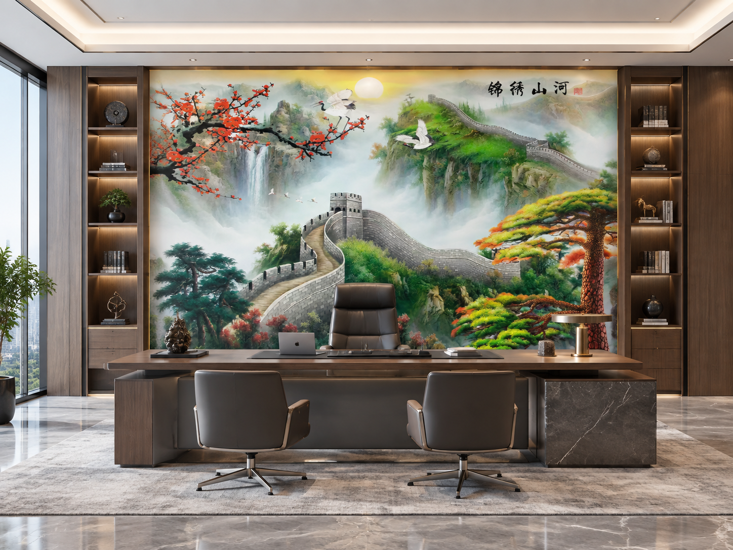 将参考图中的刺绣硬包背景墙图案完整放置在宽敞明亮大气的总裁老板… - 图片创意预览