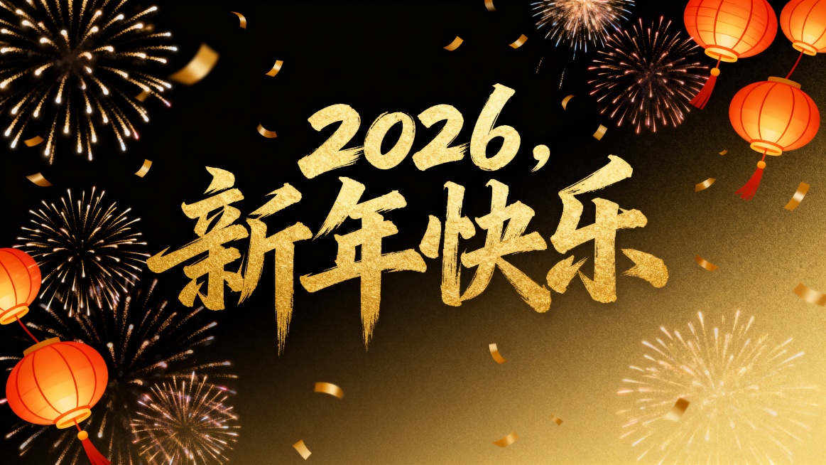 创意字体海报，中文大字“2026，新年快乐”，金色书法字体，背景黑金渐变，周围飘落烟花和灯笼，高级质感，扁平设计+光影效果，8K高清，文字清晰无乱码，适合春节宣传，预览效果