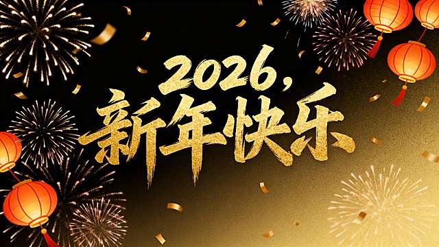 创意字体海报，中文大字“2026，新年快乐”，金色书法字体，背景黑金渐变，周围飘落烟花和灯笼，高级质感，扁平设计+光影效果，8K高清，文字清晰无乱码，适合春节宣传，