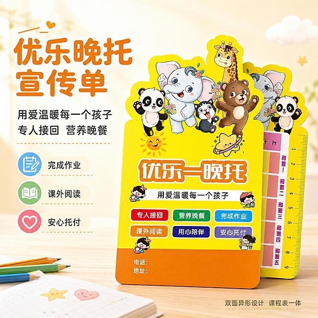 [单张主图] 托管班宣传单 小清新高级氛围感主图 1张 1:1 淘宝/天猫平台。主图目标：一眼看懂是托管班晚托宣传单，突出产品本身和「用爱温暖每一个孩子」的主题，背景干净不花哨，小清新风格，兼具点击、理解、信任与转化。

[画面主体] 画面主体为一张异形托管班宣传单（优乐—晚托 课程表宣传单），保持与输入产品图完全一致的外观：黄色异形外轮廓，顶部有长颈鹿、大象、熊猫、小熊、小猫等卡通动物形象，正面有「优乐—晚托」大标题、「用爱温暖每一个孩子」副标题，以及红/绿/蓝/橙/紫等彩色圆角卖点按钮，底部橙色区域有电话地址栏；背面为周一至周五课程表格与右侧刻度。宣传单以正面为主、略微倾斜展示，可轻微露出背面一角增加立体感，主体完整不裁切，占画面约 45%-55%，位于画面中右区域。宣传单材质为厚实铜版纸，边缘裁切整齐，表面有轻微纸张纹理和柔和反光。

[构图版式] 采用「左文右物场景型」高级氛围感版式。左侧约 40% 区域留白放置主标题、副文案和轻量卖点图标；右侧约 60% 区域放置宣传单主体，底部用浅色木质桌面或柔和渐变台面承托，营造干净清爽的书桌场景感。

[场景元素] 背景为浅奶油黄到米白色的柔和渐变，干净通透，不花哨。宣传单下方是极浅的木色桌面，带有自然木纹和柔和接触阴影。画面左下角可点缀 2-3 支彩色铅笔和一本打开的小练习本的一角，右上角有几片淡淡的云朵或星星小插画装饰，整体元素克制，全部服务于「儿童托管、学习陪伴」的小清新主题，绝不抢主体。

[文案版式] 全部文字清晰可读，放在左侧留白区，不遮挡宣传单主体。字体选用圆润可爱的无衬线字体，字重适中，层级分明。
主标题（左上，大号，暖橙色）：优乐晚托 宣传单
副文案（主标题下方，中号，深灰色，两行）：用爱温暖每一个孩子  专人接回 营养晚餐
轻图标卖点（副文案下方，3 组，小号图标 + 文字，横向或纵向排列）：
  ✓ 完成作业  ✓ 课外阅读  ✓ 安心托付
右下角（极小字，深灰色）：双面异形设计  课程表一体
文字排版整齐，左右对齐，无拉伸变形，无错字漏字。

[光影质感] 自然光从左上方斜射而来，柔和均匀，宣传单边缘有自然的浅投影落在桌面上，纸张有轻微高光和厚度感，整体明亮通透，浅景深，背景虚化，突出宣传单主体。

[配色字体] 主色：浅奶油黄 + 米白；辅助色：从宣传单提取的暖橙、浅黄、淡粉、薄荷绿；强调色：暖橙色（主标题）。字体：圆润无衬线体，主标题粗，副文案常规，卖点文字纤细，整体可爱清新。

[比例分辨率] 1:1 正方形，2048px × 2048px，2k 高清，文字清晰锐利。

[负向提示词] 宣传单变形、颜色偏差、结构错误、文字错漏模糊、背景杂乱花哨、水印、平台 Logo、二维码、手机号、微信、绝对化用语、畸形卡通形象、悬浮感、边缘硬切、低清晰度、噪点、过度锐化。
