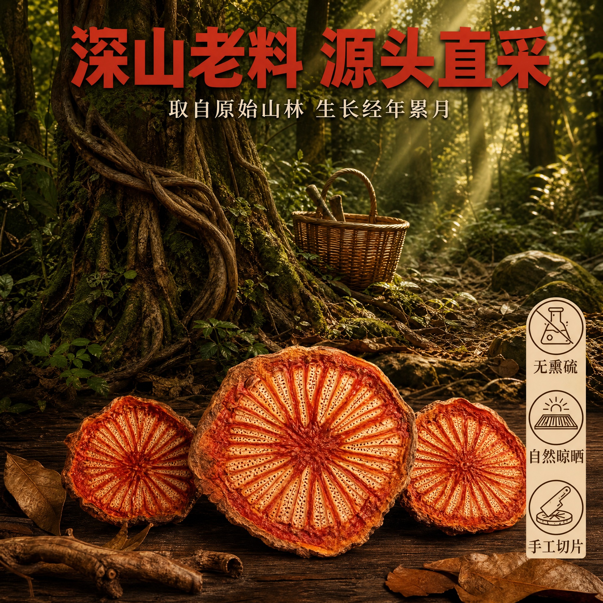 [主图-2] 核心卖点溯源图，展示深山老料产地来源与血藤生长环… - 图片创意预览