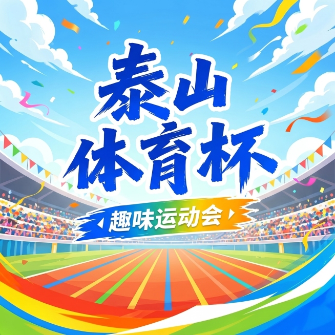 生成一张1:1的小标题封面，主标题为“泰山体育杯”，副标题为“趣味运动会”，参考示例图的卡通插画风格，色彩明亮活泼，运动场跑道背景，彩旗和彩条装饰，画面中不要有人物预览效果
