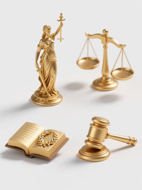 纯金色金属质感的4个不同司法与公平象征元素（平衡天平、正义女神忒弥斯雕像、法律法典书本、橄榄枝环绕的法槌）以等距网格规整排布，每个元素保持相同的古典黄铜材质、细腻磨砂金属纹理、对称平衡构图和高光阴影细节，统一悬浮于纯白色纯色背景上，整体风格与原天平图像的写实3D渲染质感、金色调和谐度及庄重氛围完全一致，形成系列化司法主题素材集合。预览效果