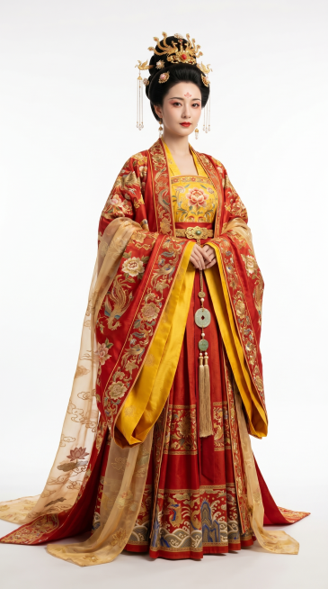 全身构图，一名端庄华丽的中国古代女性，穿着盛唐贵妃正装华服，极致华贵尽显皇家高贵身份，头戴赤金镶宝九鸾步摇与珍珠凤凰发簪，眉心花钿妆容精致明艳，身着齐胸广袖襦裙，衣料为顶级流光蜀锦，全身重工织金刺绣缠预览效果