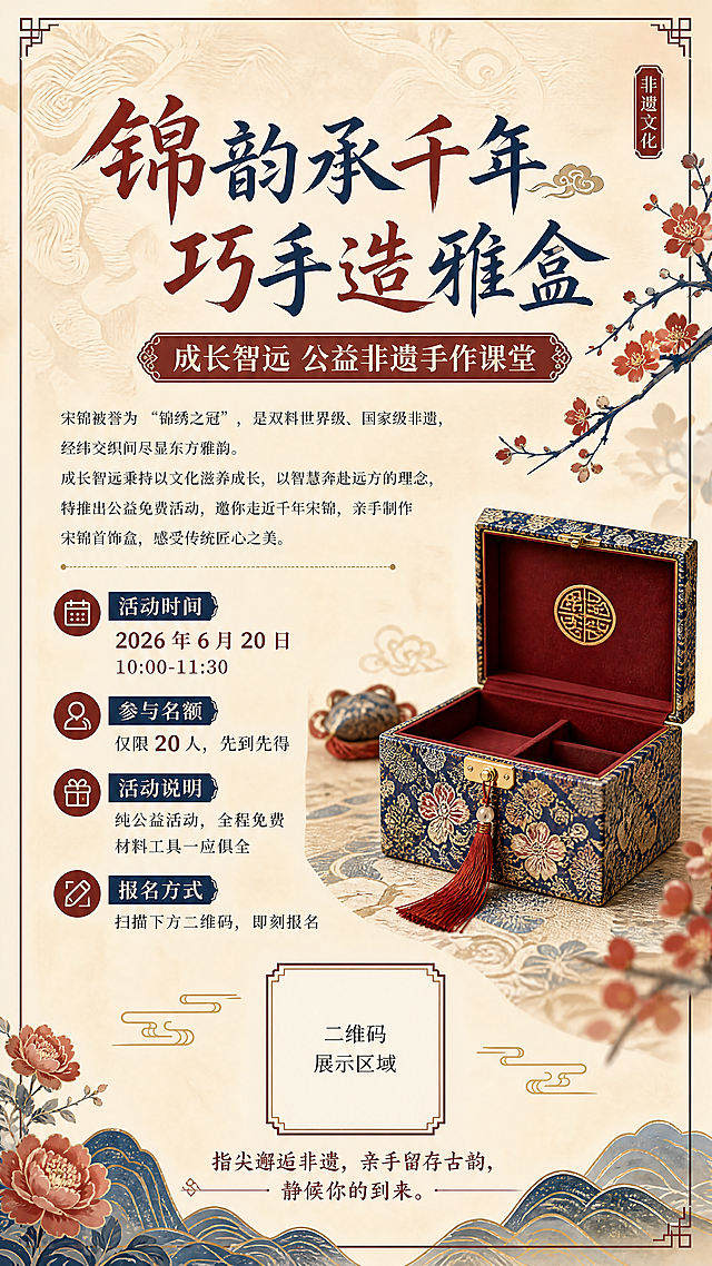 主标题
锦韵承千年 巧手造雅盒
副标题
成长智远 公益非遗手作课堂
正文
宋锦被誉为 “锦绣之冠”，是双料世界级、国家级非遗，经纬交织间尽显东方雅韵。
成长智远秉持以文化滋养成长，以智慧奔赴远方的理念，特推出公益免费活动，邀你走近千年宋锦，亲手制作宋锦首饰盒，感受传统匠心之美。
⏰ 活动时间：2026 年 6 月 20 日 10:00-11:30
👥 参与名额：仅限 20 人，先到先得
🎫 活动说明：纯公益活动，全程免费，材料工具一应俱全
📱 报名方式：扫描下方二维码，即刻报名
【此处预留报名二维码展示区域】
指尖邂逅非遗，亲手留存古韵，静候你的到来！

我需要按照这个文案做一个手机海报，文字全部按照上面的文字，帮我设计一下
