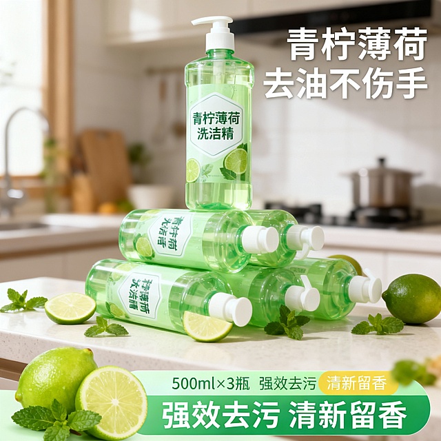 多瓶青柠薄荷洗洁精堆叠在展台上，背景为虚化厨房，自然暖光。商品卖点 “青柠薄荷 去油不伤手”。画面下方青柠绿渐变文本框，展示 “500ml×3 瓶 强效去污 清新留香”。
