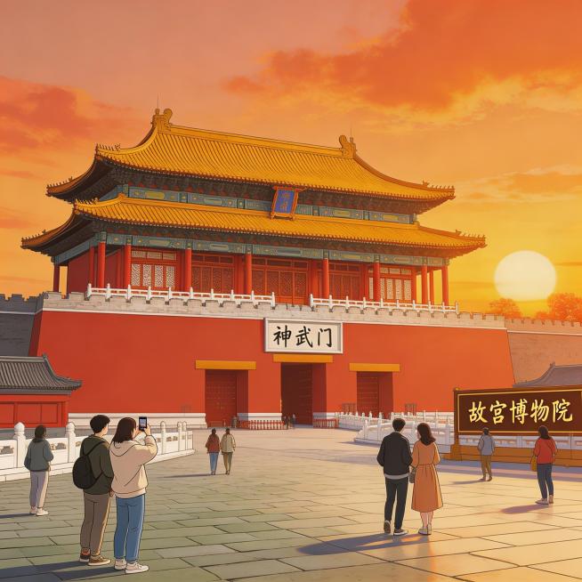 写实国风漫画结尾升华格，夕阳下真实故宫神武门实景，融合现代故宫博物院场景，画面温暖厚重，写实国风漫画风格，色调贴合朱红、明黄、汉白玉白，贴合故宫实景预览效果