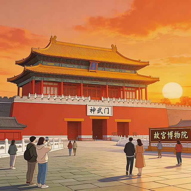 写实国风漫画结尾升华格，夕阳下真实故宫神武门实景，融合现代故宫博物院场景，画面温暖厚重，写实国风漫画风格，色调贴合朱红、明黄、汉白玉白，贴合故宫实景