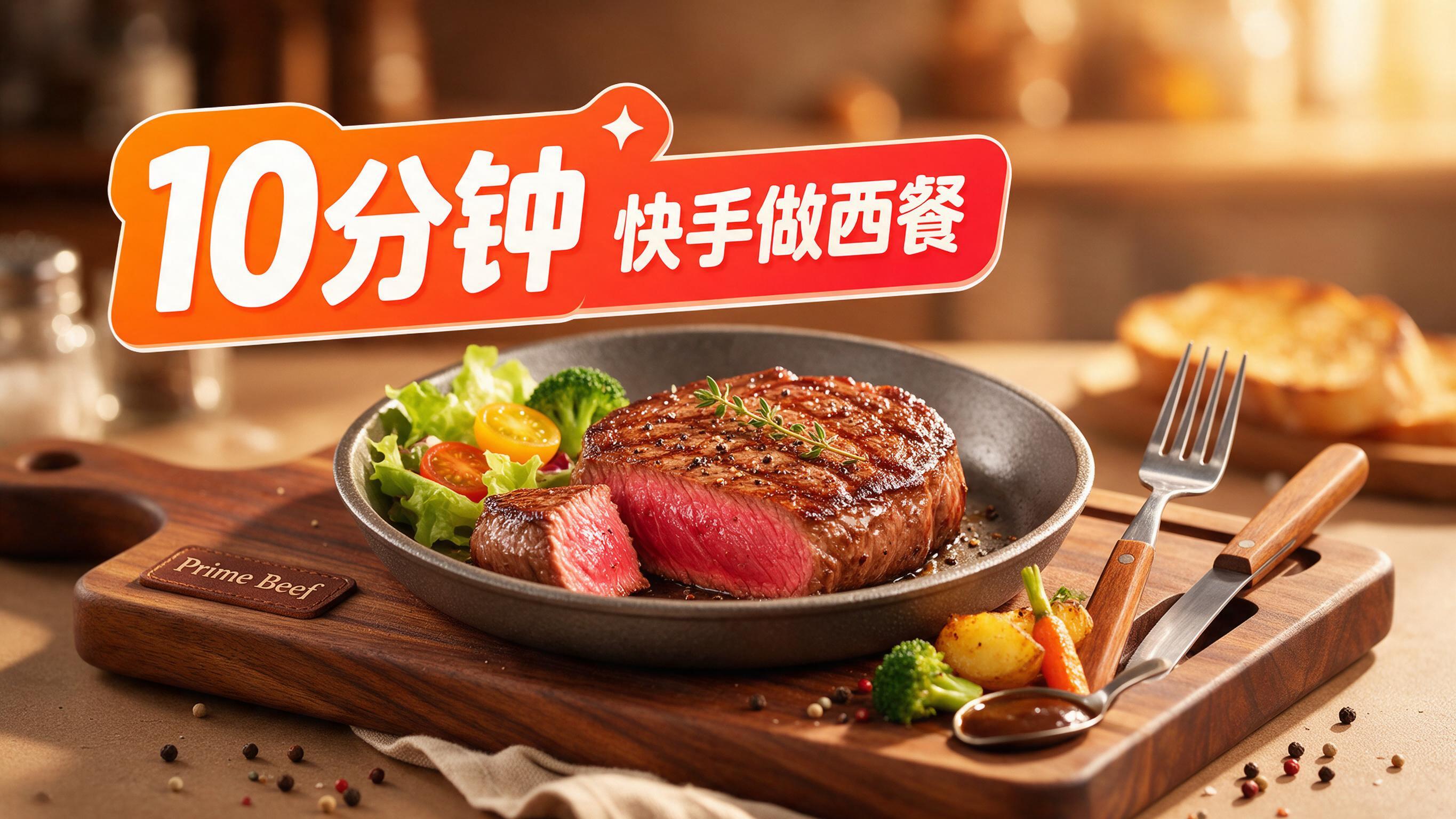 微信公众号首图，活力美食风格，暖色背景，中心是一盘色泽诱人的牛… - 图片创意预览