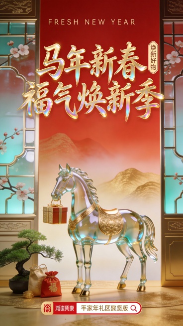 这张马年新春福气焕新季运营海报采用新中式国潮 + 鎏金琉璃质感风，是清新焕新与高端喜庆氛围的融合设计。
主体围绕鎏金琉璃马展开：骏马以鎏金嵌琉璃质感呈现，口衔焕新礼盒，立于带有梅花纹样的中式琉璃花窗前预览效果
