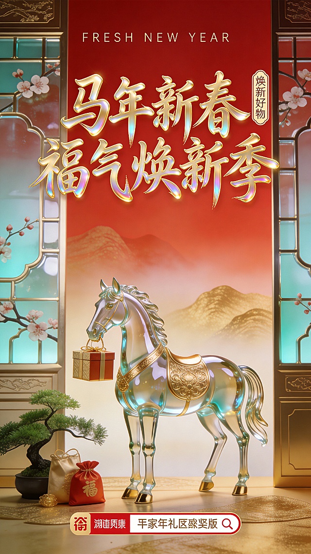 3D重拟物风玻璃质感马雕，鎏金装饰，中式古典窗景映衬，喜庆红金配色，新春福气氛围浓厚，奢华典雅。