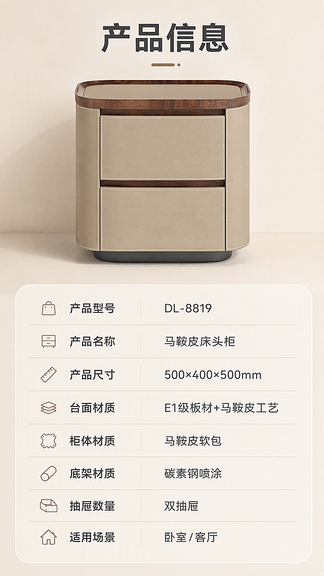 [商品] 使用【图1】DL-8819床头柜；保留双抽屉结构、马鞍皮浅卡其软包柜体、胡桃木色台面、碳素钢深灰底架、圆角矩形轮廓、抽屉横向分割线与缝线细节；真实功能方向为卧室床边收纳。
[画面] 目标：产品规格参数收口页，清晰展示产品正视图与完整参数表。上下分区构图，上半部分约占2/5为产品正视图，下半部分约占3/5为参数表格；产品正面居中放置，背景为浅米色纯色；参数表采用简洁横线分隔样式，行列清晰。
[视觉] 套系策略：风格=现代轻奢亮色调商业摄影；标题字=现代无衬线粗体；正文字=简洁无衬线体；主色=暖米杏；背景延展=基于暖米杏做深浅层级、同色渐变和细腻墙漆/织物质感；强调色=胡桃木棕，仅用于小面积图标、引线和标签；标题色=深炭灰；正文色=中暖灰；组件=圆角浅底信息卡、细线引线、胶囊形卖点框；光影=左前侧暖柔光，自然窗光氛围。
[文字] 顶部标题「产品信息」；参数表包含以下字段：产品型号DL-8819、产品名称马鞍皮床头柜、产品尺寸500×400×500mm、台面材质E1级板材+马鞍皮工艺、柜体材质马鞍皮软包、底架材质碳素钢喷涂、抽屉数量双抽屉、适用场景卧室/客厅；所有文字横向排版，手机端清晰可读。
[规格] 图片比例9:16竖版，4K分辨率，负向提示：避免变形、错字、文字过小、冷蓝/蓝灰背景、产品颜色改变、结构失真、缺件错件、极限词、竖排文字。