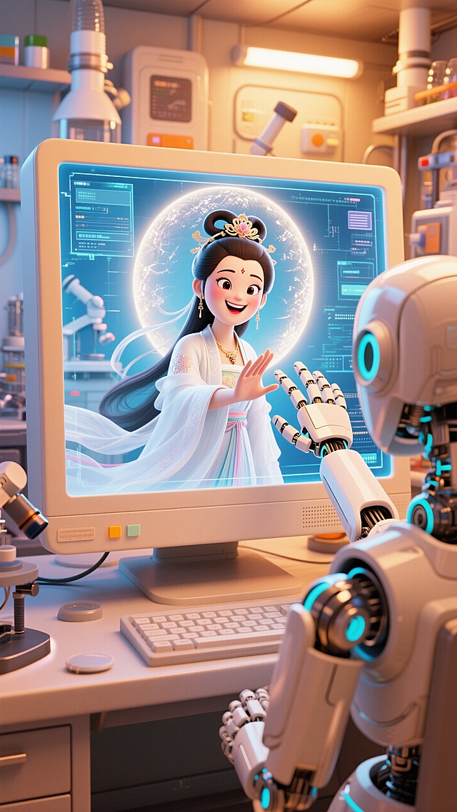 嫦娥面带笑容，从电脑屏幕中完全探出身子（虚拟变为实体，网络与现实的碰撞），摔出屏幕外，她的手与机器人的手指触碰，屏幕外机器人的POV视角，实验室背景，暖调配色，温馨的中秋氛围，动态感，大透视