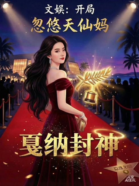 将图片上方文字修改为“文娱：开局忽悠天仙妈”，保留图片其它一切内容和风格不变，包括红毯、穿着酒红色露肩长裙的女性、戛纳奖杯、下方金色大字“戛纳封神”、签名“隐逸龙02”、夜晚红毯颁奖背景都保持不变预览效果