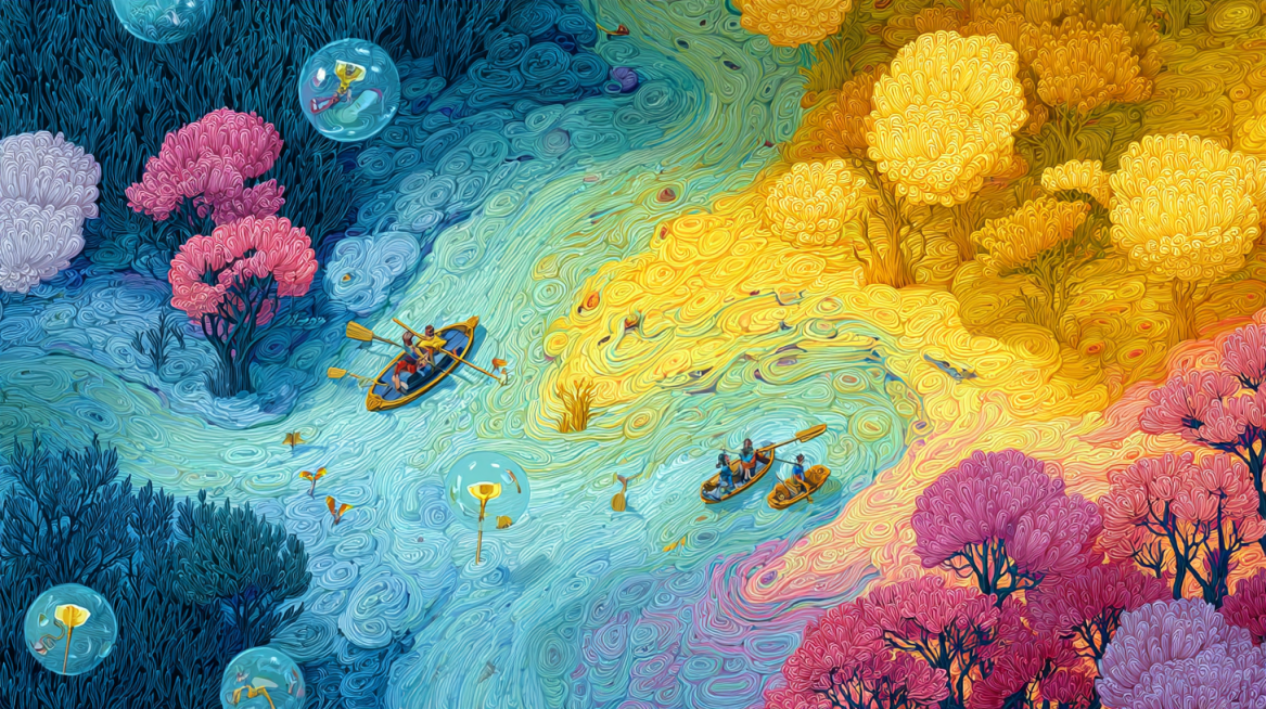 Aerial view of a Dopamine Valley, a rainbow river of flowing liquid light winds through fantastical预览效果