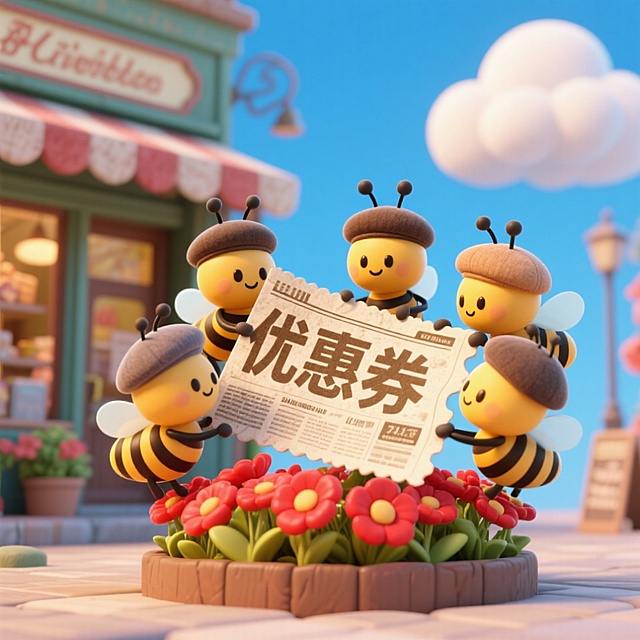 软3D风卡通蜜蜂拟人化，戴贝雷帽手持优惠券，温馨可爱，趣味十足，双11节日促销氛围浓厚。