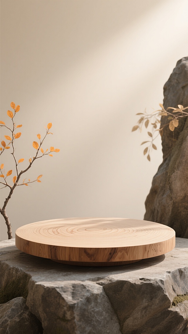 自然写实风格，画面中心为简约天然木纹展台，纹理清晰，质感温润，位于不规则岩石基座上。背景采用柔和的浅米色渐变，营造宁静氛围，左侧点缀几枝带有橙黄色嫩叶的纤细树枝，右侧岩石边缘垂落少量同色系枝叶，光线从右上方柔和洒落，在木纹展台表面形成微妙光影变化，整体构图简洁，突出纯天然、质朴的设计感，无多余装饰，留白恰当，视觉层次分明。