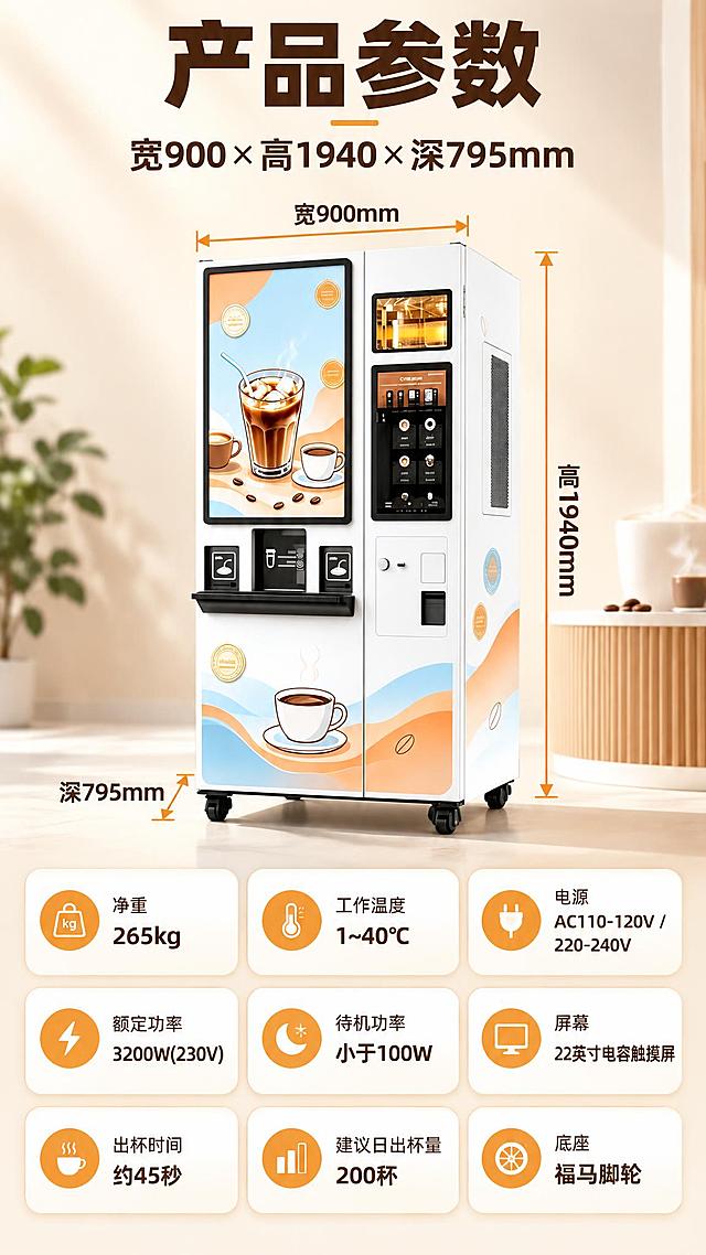 [商品] 使用【图1】咖啡自助售货机整机正视：白色柜体，左半部竖版22英寸黑边框触摸大屏，屏下黑色横向取杯口，门板白底配橙色浅蓝波浪与拿铁杯插画；右半部上部玻璃视窗、中部黑色控制面板、下部白色面板带读卡与投币口；右侧面白色竖向散热格栅；底部黑色底座带四个脚轮。结构、配色、图案、部件位置与参考图完全一致，完整不裁切。
[画面] 电商详情页第1张，参数收口页。顶部主标题“产品参数”，其下副标题“宽900×高1940×深795mm”。中部完整展示整机正视图，机器四周用焦糖橙双向尺寸引线标注，文字为深咖粗体中文：顶部横向“宽900mm”，右侧竖向“高1940mm”，左下侧斜向“深795mm”。机器下方为三行三列九张白色圆角参数卡：“净重 265kg”、“工作温度 1~40℃”、“电源 AC110-120V / 220-240V”、“额定功率 3200W(230V)”、“待机功率 小于100W”、“屏幕 22英寸电容触摸屏”、“出杯时间 约45秒”、“建议日出杯量 200杯”、“底座 福马脚轮”。
[视觉] 套系视觉：风格=明亮清新商业摄影；标题字=现代无衡线粗体；正文字=简洁无衡线体；主色=暖白 #FDF8F2；背景延展=暖白到浅奶油渐变加细腻磨砂质感；强调色=焦糖橙 #E08A3C 仅用于小面积尺寸引线、序号与描边；标题色=深咖 #3E2A1E；正文色=暖棕灰；组件=白色圆角卡片配浅奶油描边；光影=左上柔和棚拍光配自然接触阴影。
[文字] 标题“产品参数”最大最粗，副标题次之，卡片文字再小一级且手机端可读；所有文字仅横排，不得竖排、旋转、斜排；不遮挡机器；画面底部不放任何文字条或小字；除机器原生标识外不出现其他文字。
[规格] 图片比例9:16竖版，2K高清，三条尺寸线分属宽/高/深三个方向且各只出现一次，文字无乱码；负向：两个数值重叠，尺寸线方向错误，变形，错字，乱码，机器变形，机器裁切，凭空增加的部件，黑色背景，深色背景，英文，水印，平台Logo，二维码，竖排文字，旋转文字，底部文字条，画面底部小字。