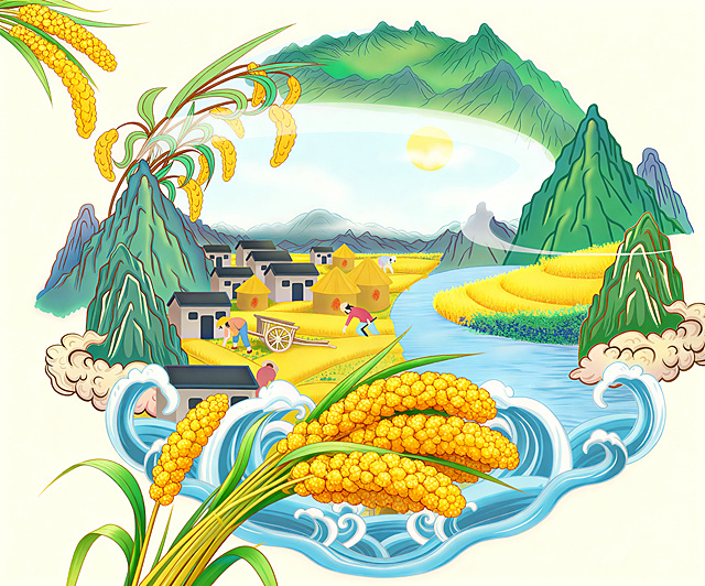 保持整体图形、构图和远景山川、村庄、河流、稻田等元素不变，仅去掉近景的仿古城楼，并在其原位置替换为几束饱满的小米穗（金黄色、带绿叶），风格与左上角已有的稻穗装饰一致，保持国潮插画风格统一