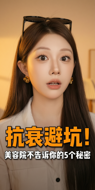 去掉图片中所有原有文字，修改人物表情和动作为惊讶，调整背景为暖色调，在人物下方添加醒目的橙色大标题“抗衰避坑！”，大标题下方添加一行白色副标题“美容院不告诉你的5个秘密”，保持人物和整体构图不变，图像预览效果