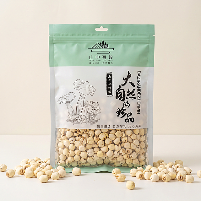 [主图 5] 广昌莲子干货产品展示图。
[氛围风格] 自然清新
[画质] 商业摄影质感，光线柔和通透，产品清晰真实，画面干净高级。
[元素] 袋装广昌莲子居中展示，周围摆放自然散落的干货莲子。保持产品包装外观与输入一致，杜绝变形和色差。商品主体占比约70%，画面干净饱满。
[光影] 柔和自然光照，整体通透清晰
[配色] 浅绿和米白，清新自然配色
[视角构图] 平视居中，完整展示产品
[比例分辨率] 1:1比例，2k分辨率，超高清
[负向提示词] 变形，水印，文字错乱，产品图模糊，背景杂乱