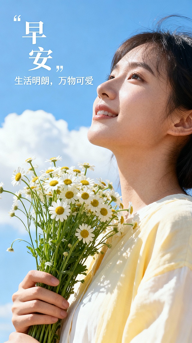 手捧一束洋甘菊，背景是蓝天白云，文字 “生活明朗，万物可爱”左上角两个字“早安”