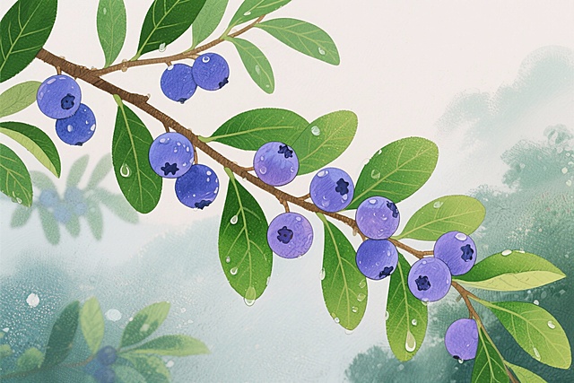 请为我生成几张蓝莓的插画，挂在枝丫上的蓝莓，画风参考日系水彩凤
