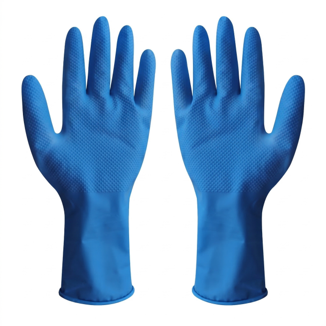 基于原图修图，完整保留手套手掌自然纹理与材质质感，不磨皮过度；精准去除产品拍摄产生的不合理死褶、生硬褶皱，保留合理结构光影；整体光影柔化处理，明暗过渡自然，增强手套立体感与饱满度；提升蓝色丁腈材质的通预览效果