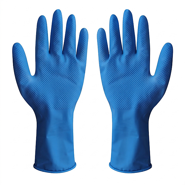 基于原图修图，完整保留手套手掌自然纹理与材质质感，不磨皮过度；精准去除产品拍摄产生的不合理死褶、生硬褶皱，保留合理结构光影；整体光影柔化处理，明暗过渡自然，增强手套立体感与饱满度；提升蓝色丁腈材质的通透感与光泽度，保持产品真实质感，纯白背景，符合电商主图标准，保留手套的颗粒防滑纹理，不改变产品形状结构