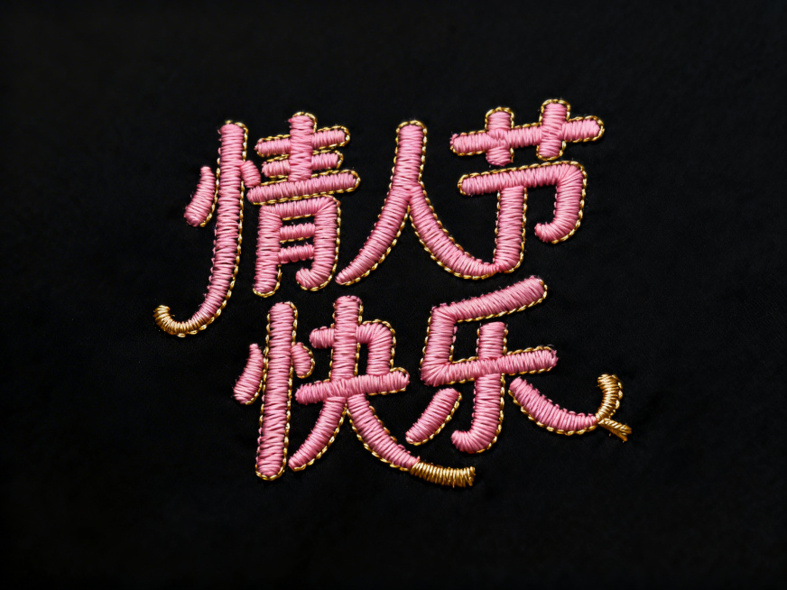 纯黑色背景，粉色“情人节快乐”花式字体，连笔变细，部分笔画末端连笔，金色描边，文字呈现刺绣效果，还原绣线纹理与立体凸起的刺绣质感，绣线含深浅纹理变化预览效果