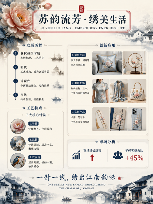 Chinese vertical Su Xiu (Suzhou Embroidery) cultural exhibition board, 3:4 aspect ratio, 2K resoluti预览效果