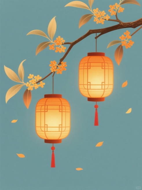 简约现代风格的中秋主题图案，纯色背景，规整排布的单一元素。两张橙黄色调的传统灯笼悬挂于枝头，灯笼表面有精致的窗格纹理，内部透出温暖的光晕，下方垂着红色流苏。灯笼周围点缀着橙黄色的桂花枝叶，枝干线条流畅，叶片呈现自然的渐变色彩，部分花瓣和叶片轻盈飘落，整体画面清新雅致，充满中秋节日氛围，无文字、无logo、无水印。预览效果