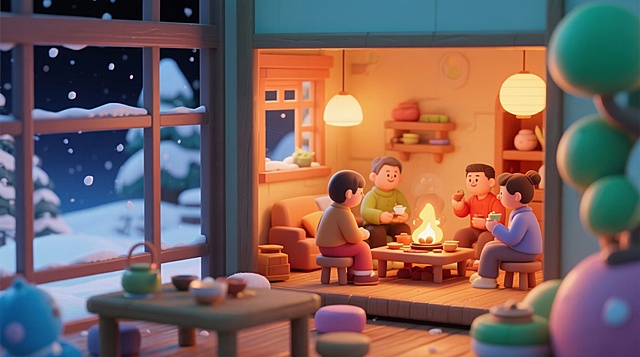 左下角桌面放大，围炉煮茶场景继续做小