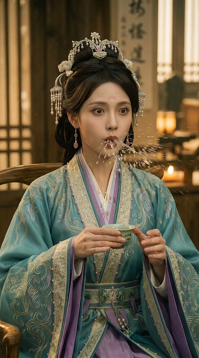 正喝茶的温若曦一口喷出茶水，保持古风服饰和发饰妆容不变，场景为古雅室内，动态生动自然