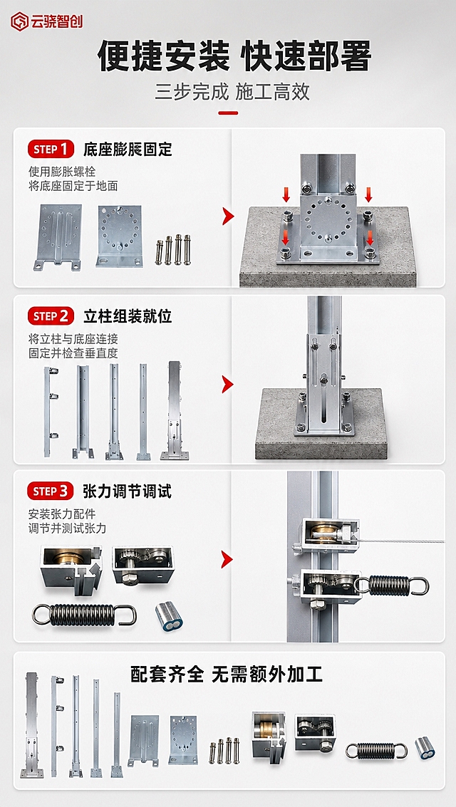 [商品] 使用【图1】张力电子围栏系统立柱及配件作为安装演示主体；严格保留原图所有部件的结构、比例、颜色、材质和外观，不扭曲、不变形；左上角放置【图2】云骁智创红色LOGO（缩小版）。
[画面] 目标：安装方式演示页。构图：竖版9:16，顶部标题区，中部三步安装流程图（STEP1底座固定 → STEP2立柱安装 → STEP3张力调试），每步配对应产品部件+简化施工示意，底部安装说明总结；阅读动线自上而下。背景：浅灰渐变棚拍背景。
[视觉] 套系策略：风格=报警行业专业商业摄影，克制高级；标题字=粗黑体；正文字=简洁无衬线体；主色=白+浅灰；背景延展=浅灰白渐变棚拍背景；强调色=警示红，仅用于步骤编号和重点提示；标题色=深炭灰；正文色=中灰；组件=步骤序号圆标、浅灰信息卡；光影=正面柔和棚拍光，产品清晰立体。
[文字] 主标题：便捷安装 快速部署；副标题：三步完成 施工高效；三步文案：STEP 1 底座膨胀固定 / STEP 2 立柱组装就位 / STEP 3 张力调节调试；底部说明：配套齐全 无需额外加工；所有文字横排，层级清晰。
[规格] 图片比例9:16竖版，4K分辨率，淘宝/天猫适配，中文文案；避免变形、错字、文字过小、深色背景、彩色杂乱、产品外观改变。