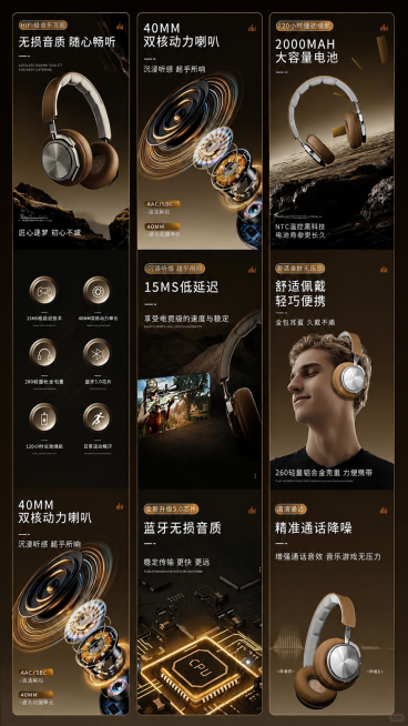 参考图片风格，重新生成蓝牙耳机电商详情竖版长图，保留原图黑金商务科技风格、产品卖点文案和三栏布局预览效果