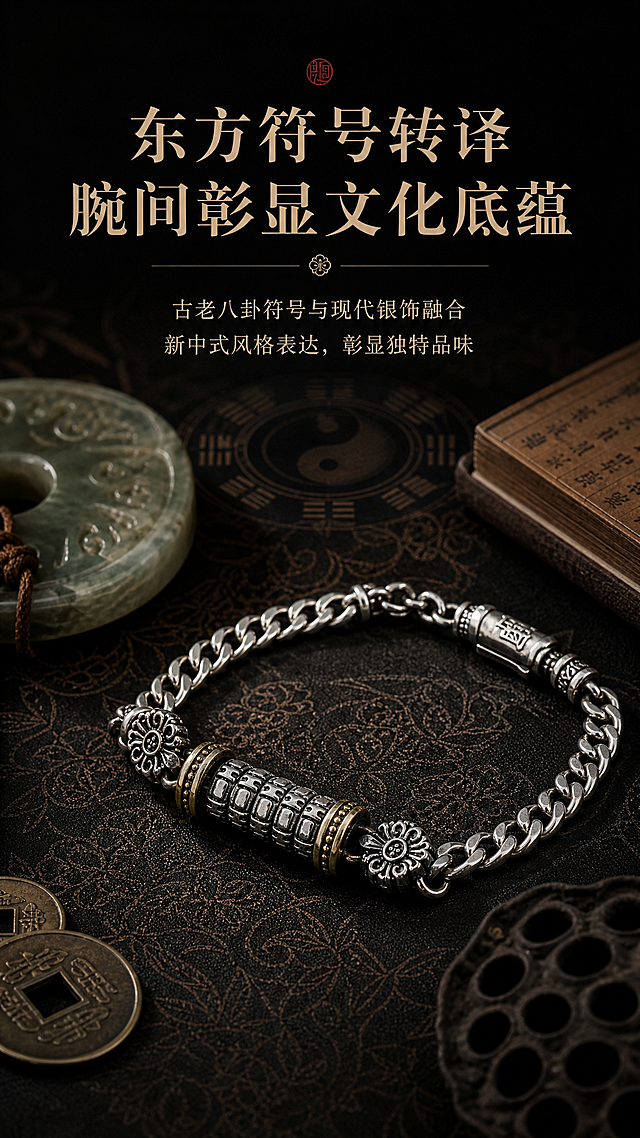 电商详情页卖点图，9:16竖版，新中式国潮复古风格，深黑色高级质感背景，暗调光影，画面展示手链放置在带有东方传统纹样的深色背景上，旁边搭配古玉、铜钱、古籍等东方文化元素，八卦符文与现代银饰设计相融合，S925纯银做旧质感，画面上方有大标题文字"东方符号转译·腕间彰显文化底蕴"，下方有卖点说明文字"古老八卦符号与现代银饰融合，新中式风格表达，彰显独特品味"，整体氛围高级有文化底蕴，商业产品摄影风格，高清细节