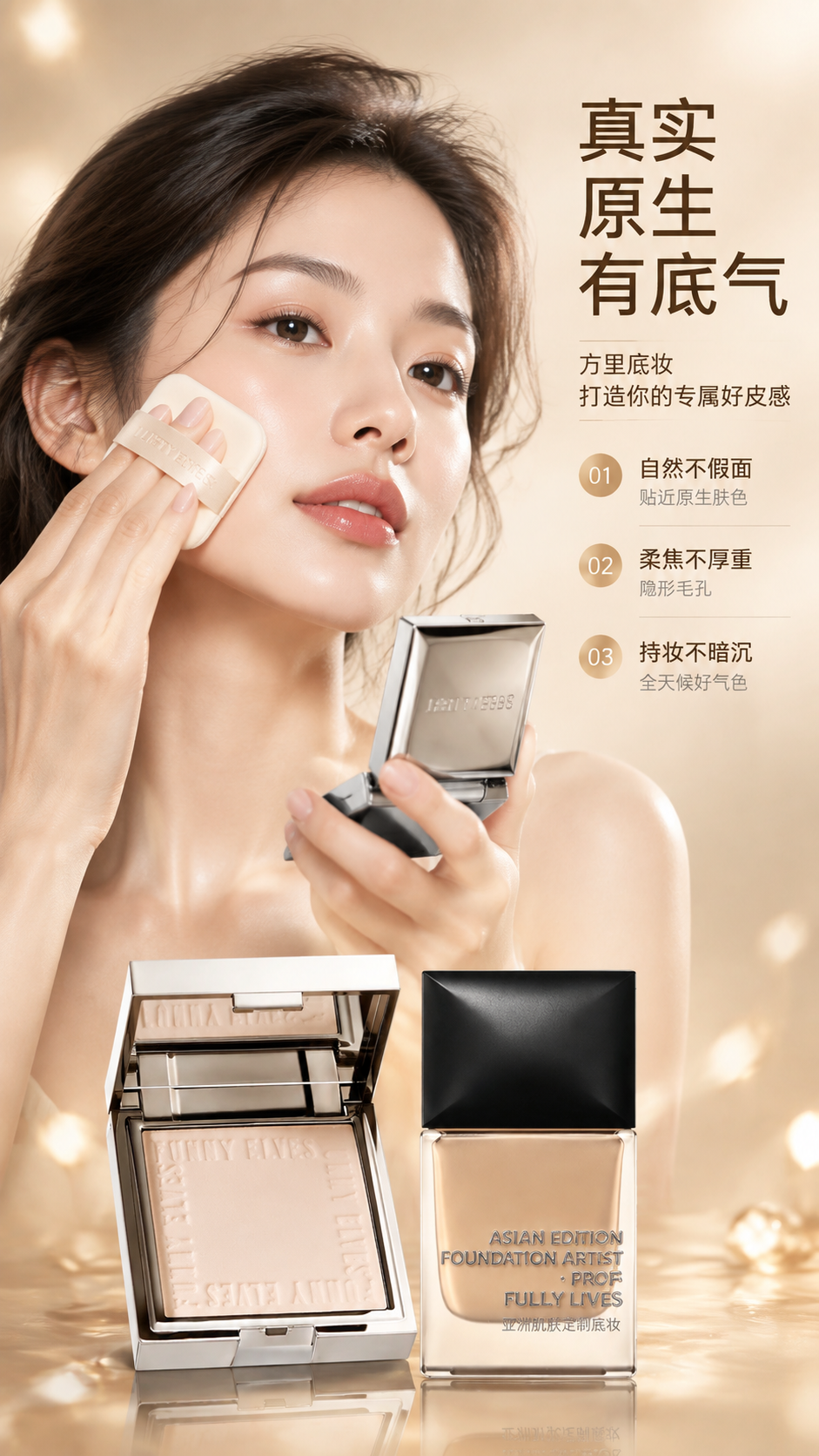 [商品] 使用【图1】银色方盒粉饼和【图2】粉底液；保留产品外… - 图片创意预览