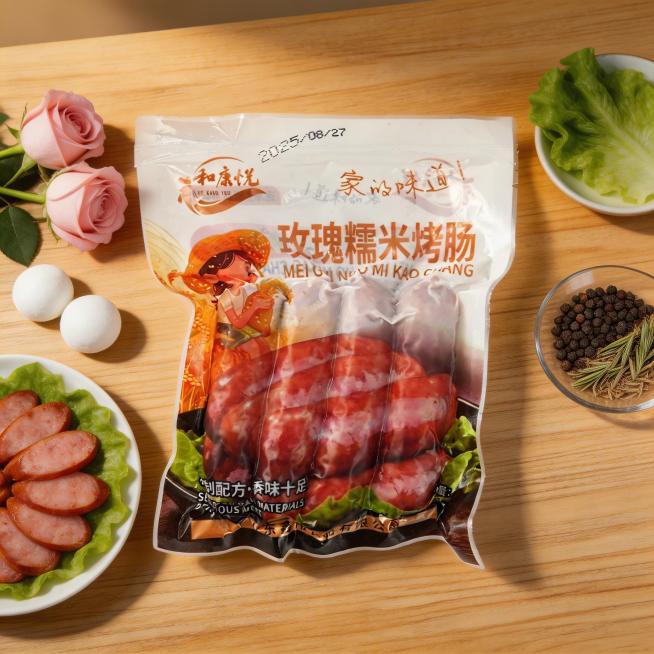 为白色包装的玫瑰糯米烤肠产品图生成厨房温馨餐台场景，背景为浅木色餐桌，搭配新鲜生菜、切好的烤肠摆盘、玫瑰花与糯米团装饰，光线柔和温暖，产品完整清晰放置在画面中心，周围点缀少量香料、餐盘，整体营造美味家预览效果