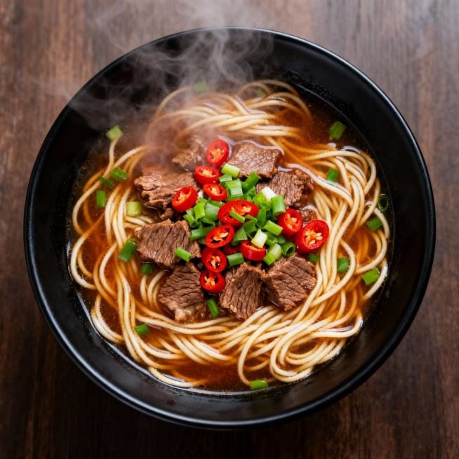 顶视角度，一碗黑色的碗里装着飘香的牛肉面，面条根根分明，汤色浓郁，上面撒着鲜红的辣椒和翠绿的葱花，热气腾腾，散发着诱人的香气，画面清晰，色彩鲜艳，细节丰富预览效果
