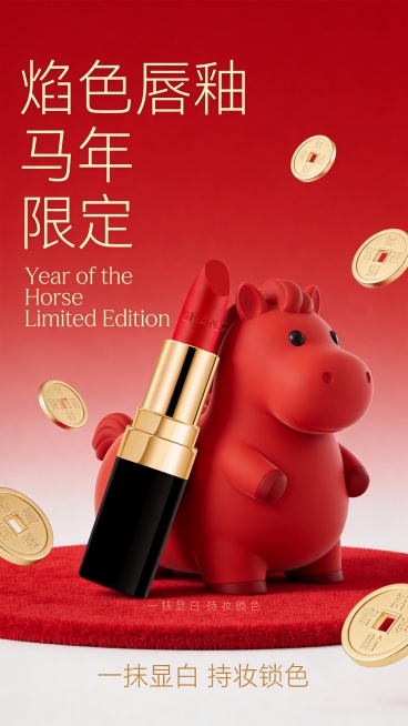 商业摄影，极简主义电商海报。画面中心是参考图靠在磨砂卡通胖胖可爱的红色小马雕塑上。背景是红色渐变，下方为红色绒面地毯，周围漂浮着金色的铜钱硬币。左边大号优雅金色纤细字体"焰色唇釉  马年  限定"，现预览效果