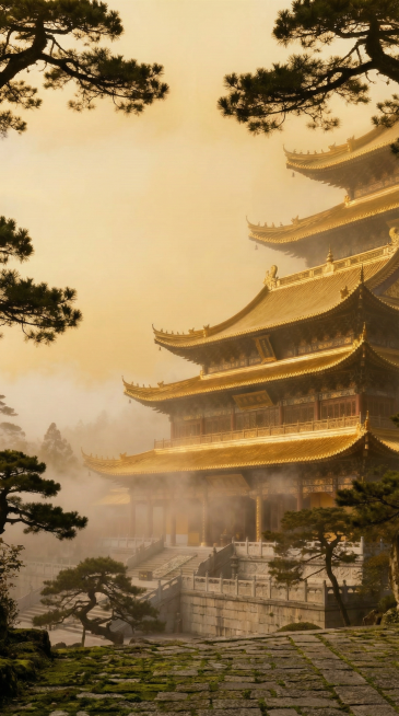 将图片修改为竖屏格式，保持原寺庙禅意风格不变，主体保留金色古建筑和晨雾苍松，构图适配竖屏，顶部和底部补充适配的场景内容预览效果