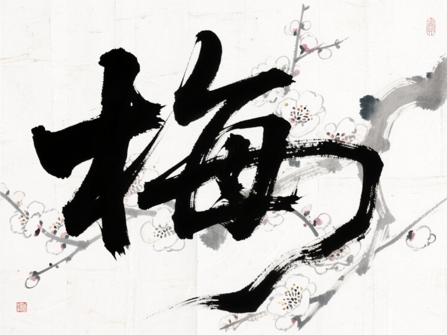 文案“梅”，黑色字体，背景宣纸有梅花国画，简约高级浅色，配色清新，排版高级预览效果